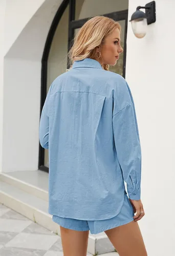 Vista 8 de Fixmatti Conjunto de 3 piezas de verano para mujer, camisa de manga larga con botones, top halter y pantalones cortos