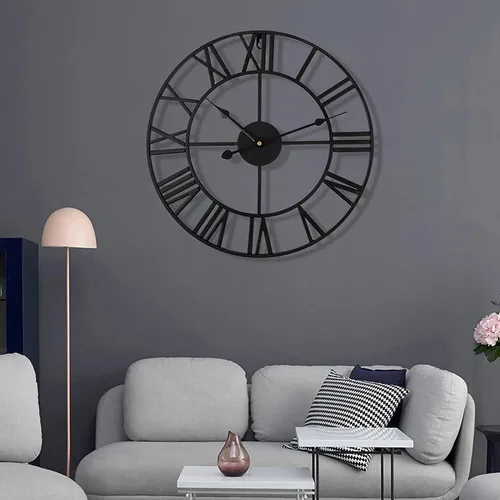 Vista 2 de Reloj de pared de metal industrial europeo grande, números romanos retro, movimiento de cuarzo silencioso para sala de estar, cocina, decoración