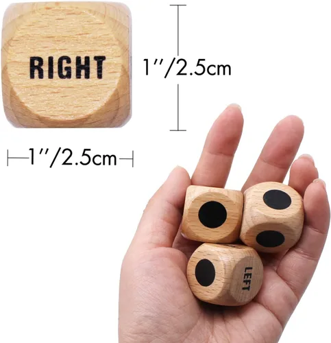 Vista 4 de Bilywey - Juego de dados izquierda-derecha-centro de 3 piezas con dados de madera de haya de 1 pulgada y bolsa con cordón (3 piezas)