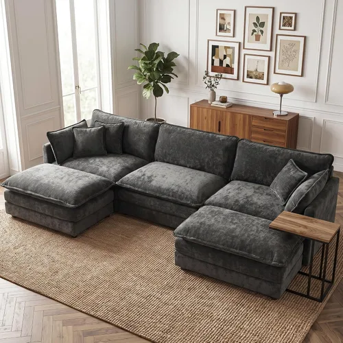 Vista 111 de Sofá individual modular de chenilla con otomana, sofá nube con almohada, color beige