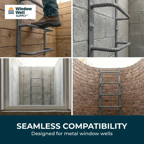Vista 5 de Escalera de acero para ventanas de sótano (gris, 3 peldaños), escalera de salida atornillada resistente para el hogar, fácil de instalar, escaleras
