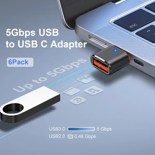 Vista 2 de Paquete de 6 adaptadores USB C a USB, USB C macho a USB 3.0 hembra OTG adaptador para iPhone 17/16/15, Mac, iPad, Samsung Galaxy S24 S25, portátil