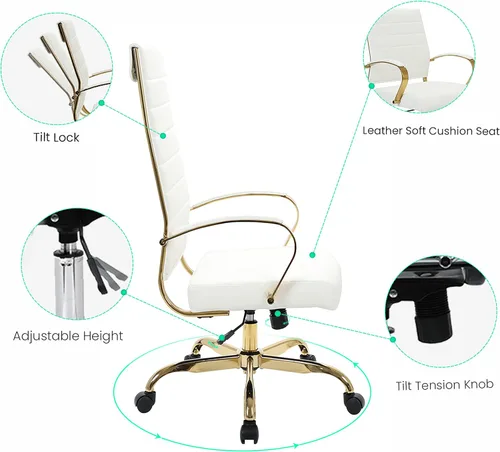 Vista 8 de LeisureMod Silla de oficina moderna de cuero con respaldo alto, silla de escritorio ejecutiva giratoria y ajustable con marco dorado, diseño Blanco