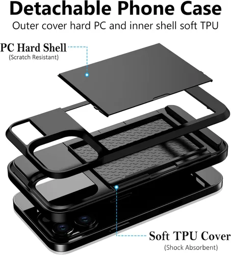 Vista 2 de Vofolen - Funda para iPhone 15 Pro con tarjetero, color negro Dual Layer Shockproof Wallet Phone Case, Hidden Card Slot Sliding Protective Hard
