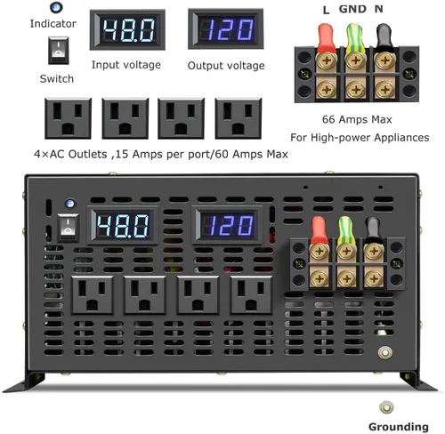 Vista 4 de WZRELB Inversor de energía solar de onda sinusoidal pura de 8000W 48V AC a 120V DC - RV, camping, sistema solar
