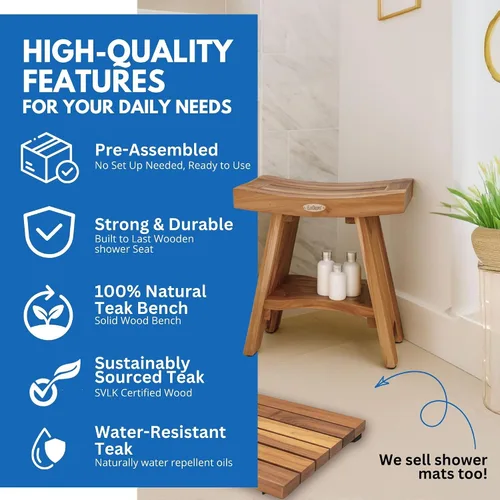 Vista 5 de EcoDecors Banco de ducha de teca con estante de 18", capacidad de 300 lb – Asiento de spa de madera impermeable completamente ensamblado