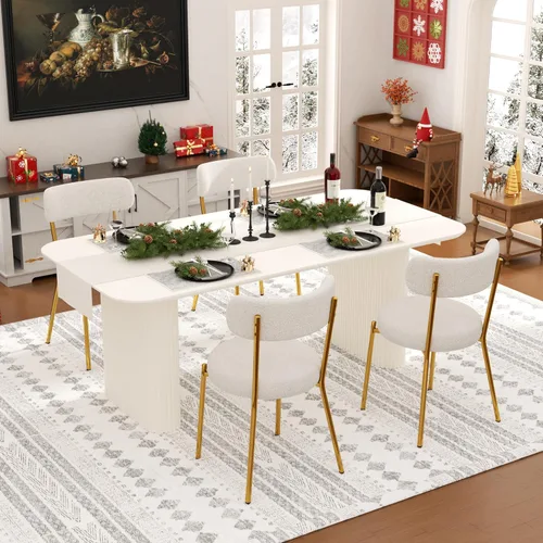 Vista 14 de Juego de mesa de comedor ovalada negra moderna de 70.9 pulgadas para 4, mesa de cocina rectangular estilo crema con sillas negras Boucle, juego