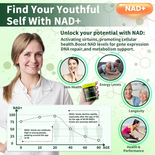 Vista 3 de Suplemento NAD, nicotinamida liposomal ribósido resveratrol 250 mg, alternativa a NMN, suplemento NAD de alta pureza para mujeres y hombres