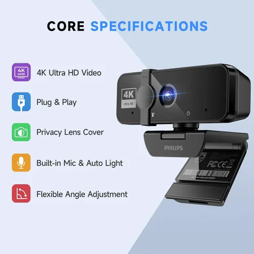 Vista 10 de PHILIPS Cámara web 4K para PC con micrófono, cámara de computadora para reuniones con cubierta de privacidad, cámara web USB Plug & Play