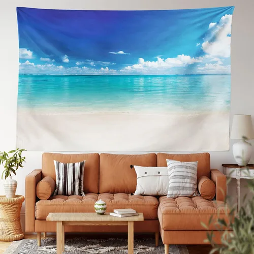 Vista 2 de Lunarable Tapiz oceánico, playa de arena costera natural y costa caribeña vista del paraíso celestial, decoración de tela para colgar en la pared