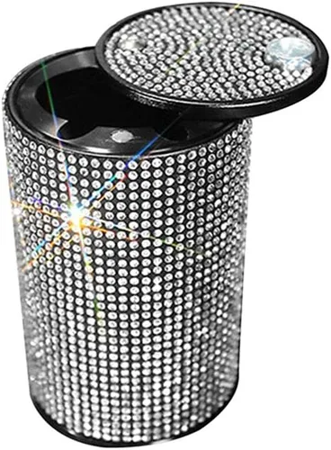 Vista 10 de Cenicero portátil con tapa, a prueba de olores, cenicero de automóvil de diamantes de cristal para mujeres, mini bote de basura ideal para Negro