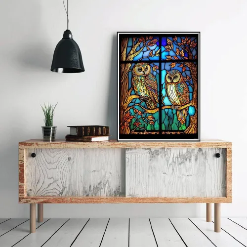 Vista 3 de YEEIFFD Kits de pintura de diamantes de búho de vidrieras, arte de diamantes para adultos, pintura de gema 5D, búho con diamante por número