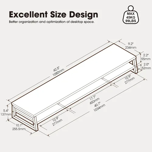 Vista 6 de Fenge Soporte de monitor doble para escritorio, elevador de monitor grande de 42.5 pulgadas para 2 monitores, estante superior de escritorio