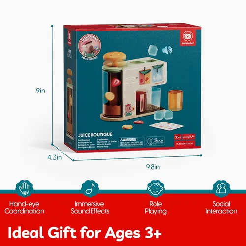Vista 6 de TOP BRIGHT Dispensador de Bebidas de Madera para Juegos de Simulación, Juegos de Comida para Cocina Infantil con Tazas, Insertos de Jugo, Cubitos