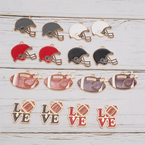 Vista 4 de yaokan Paquete de 16 dijes esmaltados para casco de fútbol americano – I Love Sports Rugby Ball Colgantes para bricolaje, collar, pulsera, aretes