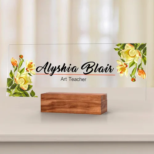 Vista 61 de Placa de identificación personalizada para escritorio, decoración de oficina de acrílico transparente con diseño de flores, decoraciones