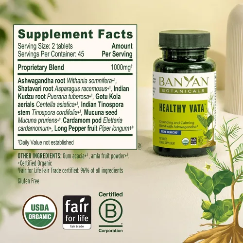 Vista 5 de Banyan Botanicals Vata saludable orgánico – Suplemento de puesta a tierra y estabilidad – con Ashwagandha, Shatavari y Mucuna – Apoyo natural