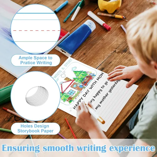 Vista 4 de 50 hojas de papel de escritura de historias de 8.5 x 11 pulgadas para niños, papel de dibujo y escritura de hojas sueltas de 3/4 pulgadas de regla