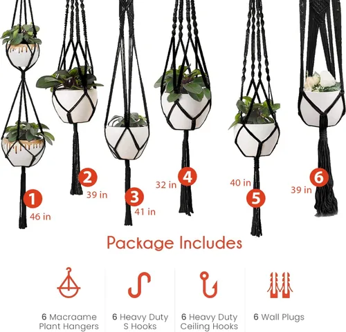 Vista 3 de Feedee Ganchos de macramé para plantas, paquete de 6, color negro, interior/exterior, algodón