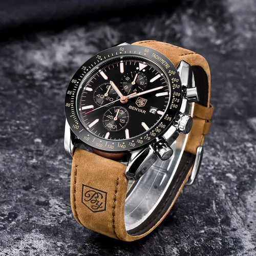 Vista 5 de BY BENYAR Reloj de pulsera para hombre Tienda analógico relojes para hombre negocios trabajo impermeable cronógrafo para hombre moda minimalista