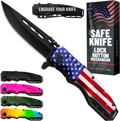 Vista 14 de Navaja de bolsillo con bloqueo de seguridad - Hoja afilada de 3.4 pulgadas - Cuchillo táctico plegable con mango de aluminio - Herramienta ideal