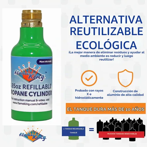Vista 2 de Flame King Tanque cilíndrico de propano recargable vacío de 1/4 lb - Reutilizable y transportable - Opción de recarga segura y legal - Válvula
