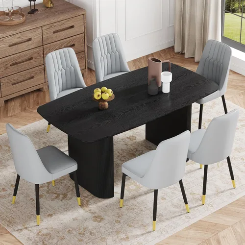 Vista 35 de Juego de mesa de comedor moderno para 4, juego de mesa de comedor negro de 67 pulgadas con mesa ovalada de madera de 3.5 pulgadas de grosor y base