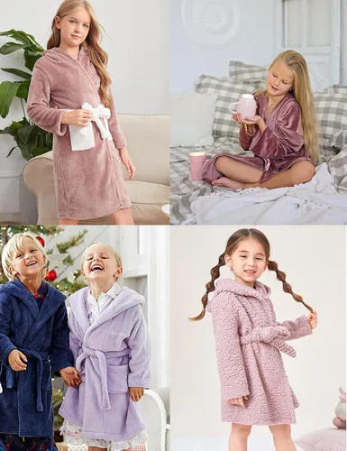 Vista 4 de PopClotre Batas de baño de franela suaves con capucha para niños y niñas