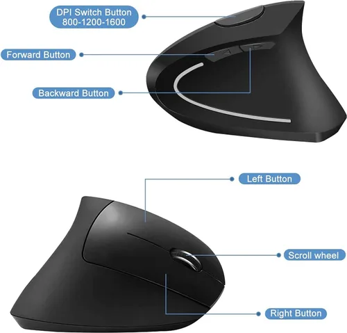 Vista 6 de ASOI - Ratón ergonómico inalámbrico, recargable de 2.4 G, inalámbrico, óptico, vertical, ergonómico, 100012001600 DPI, para laptop, escritorio, PC