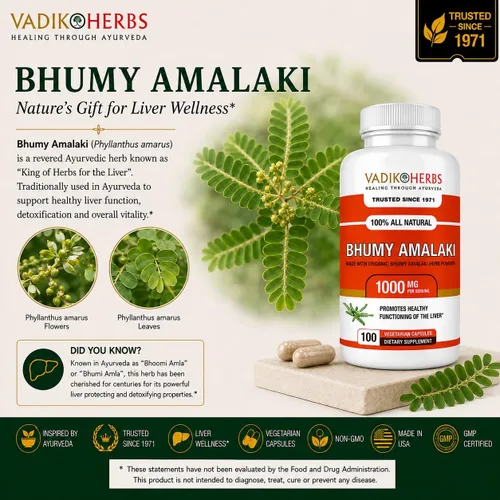 Vista 6 de Vadik Herbs Organic Bhumy Amalaki, 100 cápsulas, soporte hepático 1000 mg Organic Whole-Herb Phyllanthus amarus 1000mg Per Serving Traditional