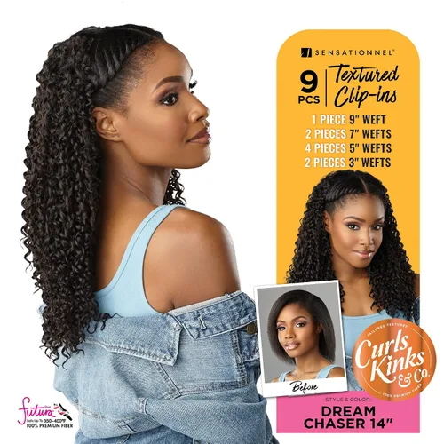 Vista 3 de Sensationnel Curls Kinksandco Clip in-Dream Chaser 14 pulgadas, 1 JETBLACK Sintético, juego de clips de 9 piezas, clips fáciles de usar, cabello