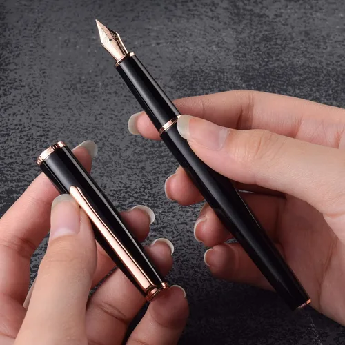 Vista 5 de Hongdian 920 - Pluma estilográfica de metal negro, chapado en oro rosa, pluma de escritura suave, pluma clásica con convertidor de tinta