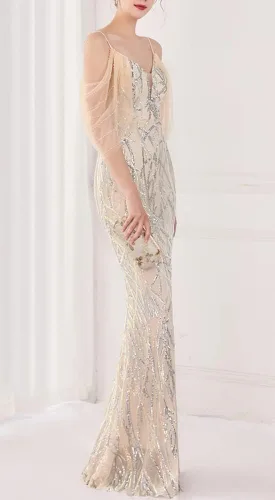 Vista 3 de Vestido de noche de sirena con lentejuelas y hombros descubiertos para mujer Albaricoque plateado