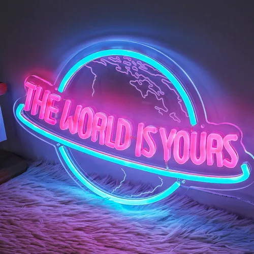 Vista 7 de Letrero de neón con atenuador remoto, lámpara de luz LED de neón azul hielo y rosa planeta para decoración de pared, cueva de hombre, hogar, bar