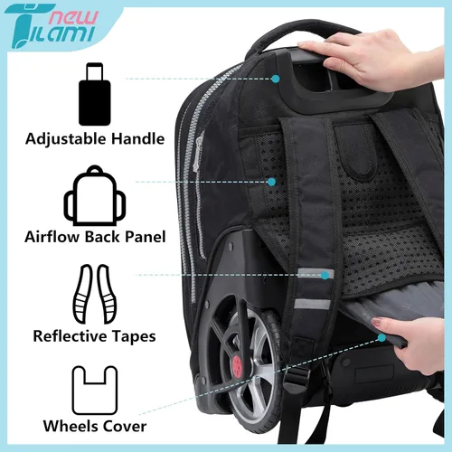 Vista 113 de NEW TILAMI Mochila con ruedas de 19 pulgadas con bolsa de almuerzo para niñas y niños, mochila para laptop con ruedas, bolsa de mano duradera