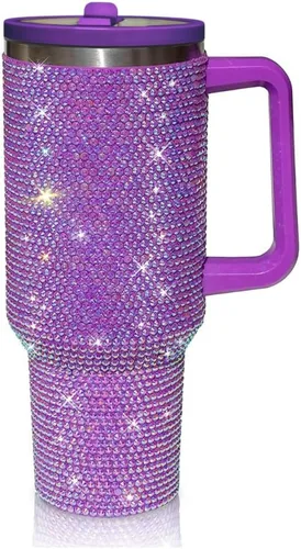 Vista 10 de Vaso de 40 onzas con tachuelas de strass con mango, popote y tapa, botella de agua de acero inoxidable aislada de doble capa para mujeres, taza