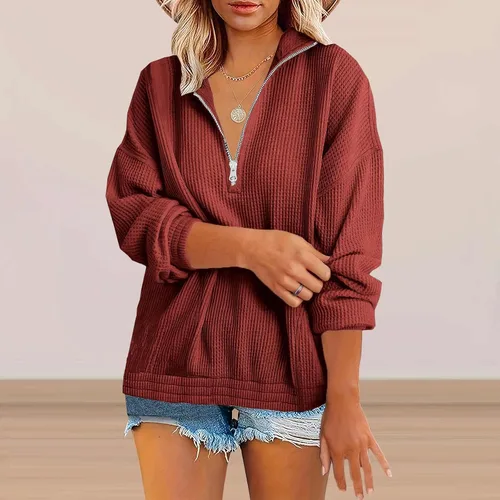 Vista 2 de SHENGXINY Womens V Neck 12 Zipper Sweatshirts Loose Long Sleeve Fall Pullover Tops 2023 Basic Plain Shirts Fashion Blouse