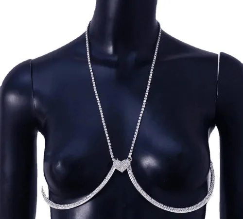 Vista 5 de Soporte de pecho con diamantes de imitación, cadena para el cuerpo, cadena para el cuerpo, cadena de corazón, bikini para mujer