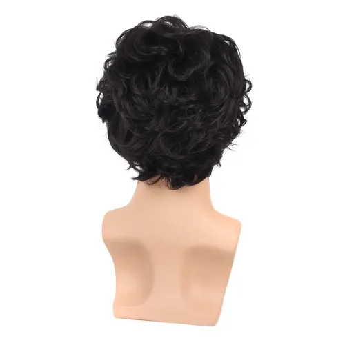 Vista 4 de Kaneles Peluca corta y rizada negra para hombre, con flequillo, disfraz de Halloween, cosplay, fiesta, peluca de cabello natural Color negro.