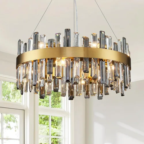 Vista 18 de Siljoy - Candelabro de cristal moderno, 12 luces, lujoso, redondo, de 2 niveles, con cristal K9 en forma de gota de lluvia, lámpara colgante de Oro