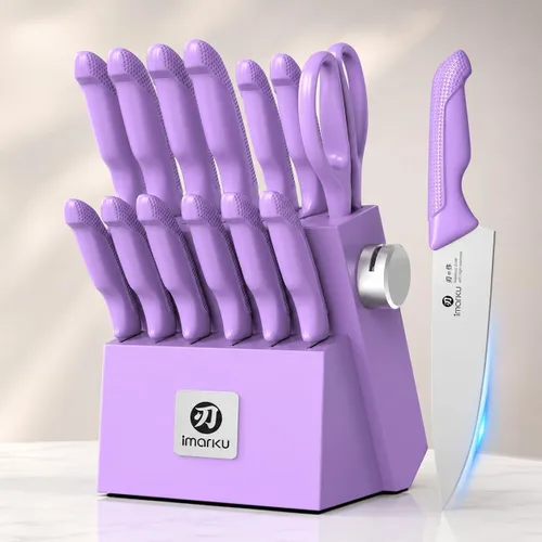 Vista 13 de imarku Juego de 14 cuchillos con bloque, juego de cuchillos de cocina de acero inoxidable japonés con afilador integrado, asas ergonómicas