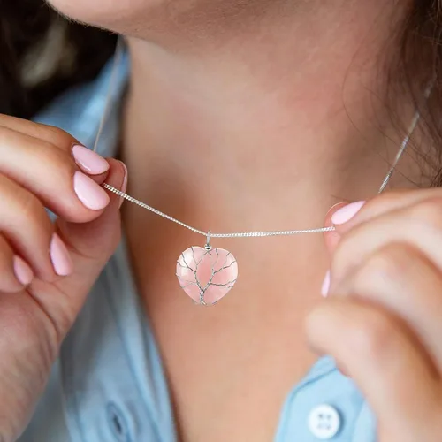 Vista 3 de Bestyle Collar de cristal curativo envuelto en árbol de la vida, colgante de piedra natal de 12 meses para parrillas de mujer, joyería de piedras