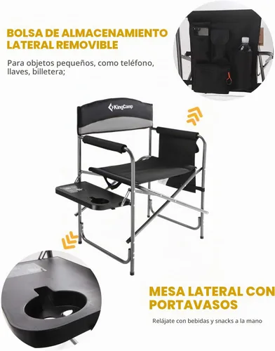 Vista 5 de KingCamp Silla de director acolchada plegable para acampar con mesa auxiliar y bolsillo, color gris
