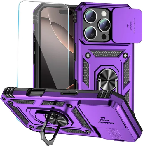 Vista 10 de Funda para teléfono SunStory para iPhone 11 con protector de pantalla HD y cubierta deslizante para la cámara y soporte giratorio con anillo