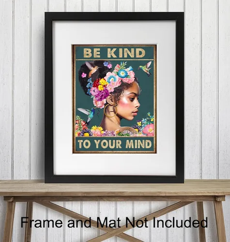Vista 3 de Arte de pared de mujeres afroamericanas negras – Chica negra – Be Kind to Your Mind - Citas inspiradoras - Colibríes Salud mental Póster de arte