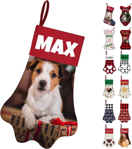 Vista 21 de Calcetines de Navidad personalizados con foto de nombre, medias personalizadas en forma de hueso para perros, gatos, mascotas, medias de Navidad