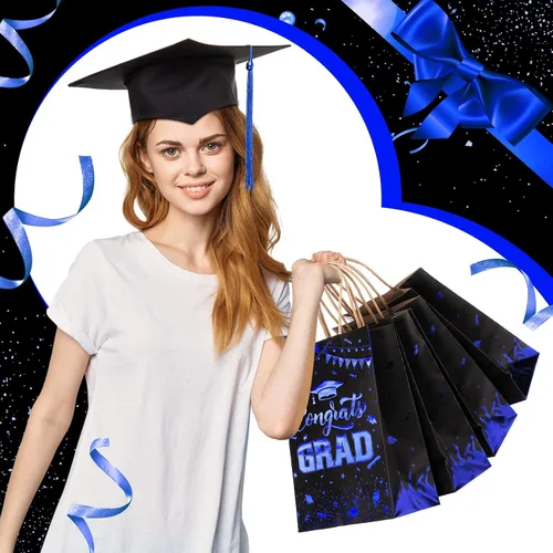 Vista 5 de PerKoop 12 bolsas de regalo de graduación azules con asas para la clase de 2026, bolsas de papel de regalo de fiesta de felicitaciones, decoraciones