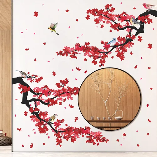 Vista 3 de Adhesivo decorativo para pared de ramas de ciruelo rojo 3D, diseño creativo, pájaros, estilo pastoral, extraíble, despegar y pegar, para niños