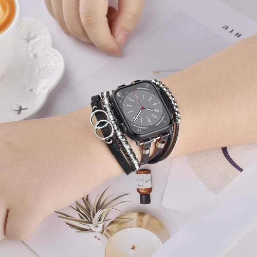 Vista 2 de MOFREE - Pulsera de cuero boho compatible con Apple Watch Band de 38, 40, 41 mm, pulsera de cuentas multicapa hecha a mano para Apple Watch, correa