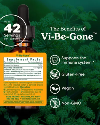 Vista 2 de Herb Pharm Vi-Be-Gone - Tintura de apoyo inmunológico Potente suplemento inmunológico a base de hierbas con equinácea, hierba de San Juan, lomacio